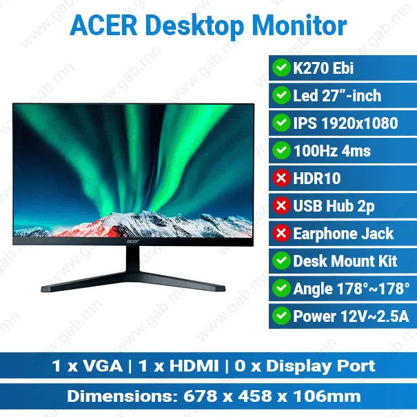 ACER K270 27-inch 100Hz HDMI VGA Black | Office Monitor