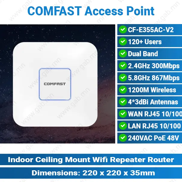COMFAST CF-E355AC-V2 Dual Band 2.4GHz 5GHz 1200Mbps Ceiling Wifi Access Point | Access Point