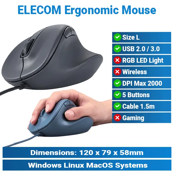 Elecom Silent 5-Buttons L Size Wired Mouse | Office Mouse