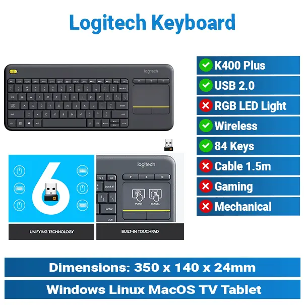 Logitech K400 PLUS Black Wireless Keyboard | Office Keyboard