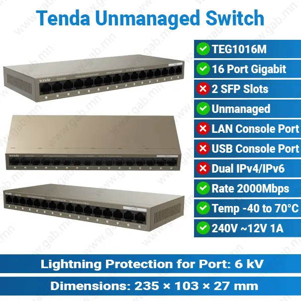 TENDA 16 Port Gigabit 1U Unmanaged Switch | Network Switch
