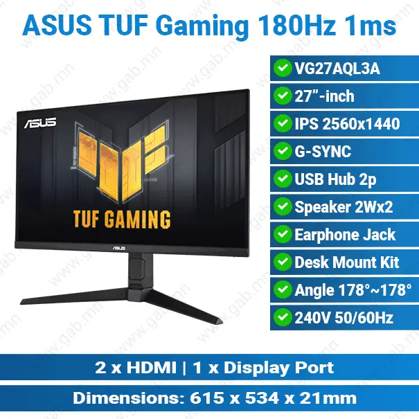ASUS TUF Gaming VG27AQL5A 27-inch 2K 210Hz Fast IPS G-Sync HDMI DP Black | Gaming Monitor